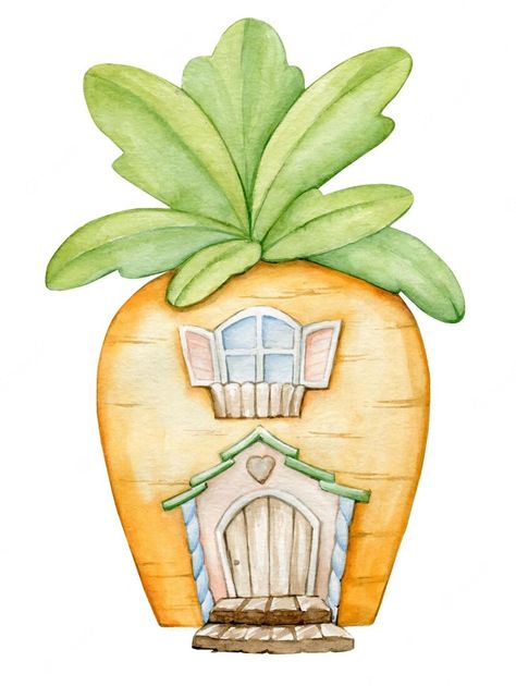 Premium Vector | Carrot house with a wooden door a fabulous cartoonstyle illustration for children's invitations and stickers painted in watercolor Carrot House Drawing, Carrot Illustration, House Cutout, Easter Drawing, Easter House, Colorful Carrots, Illustration House, Easter Watercolor, Easter Drawings