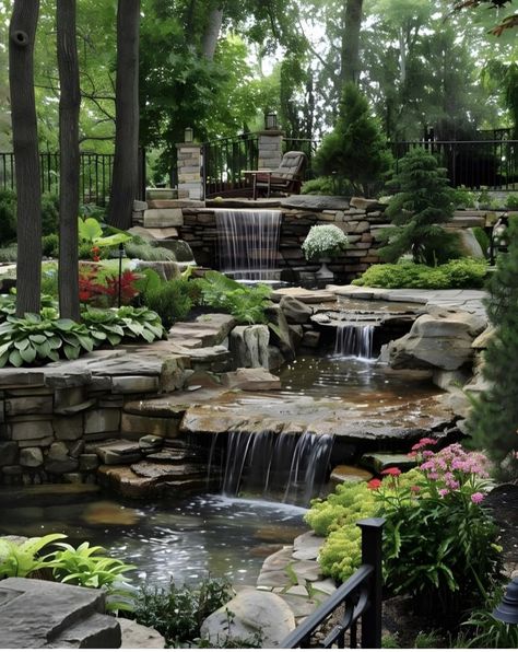 Kolam Koi, Garden Pond Design, Backyard Plan, Garden Waterfall, Backyard Water Feature, Pond Landscaping, Waterfalls Backyard, Backyard Landscaping Ideas, Pond Design