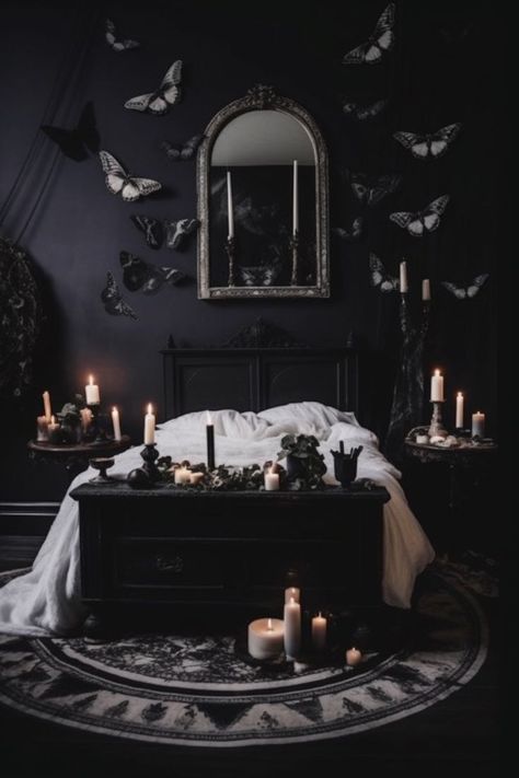 Gothic Bedroom Ideas Modern, Minimalist Goth Bedroom, Gothic Bedroom Ideas Victorian, Goth Bedroom Ideas, Witchy Bedroom Ideas, Whimsy Goth Bedroom, Gothic Bedroom Ideas, Witchy Bedroom, Moody Home Decor