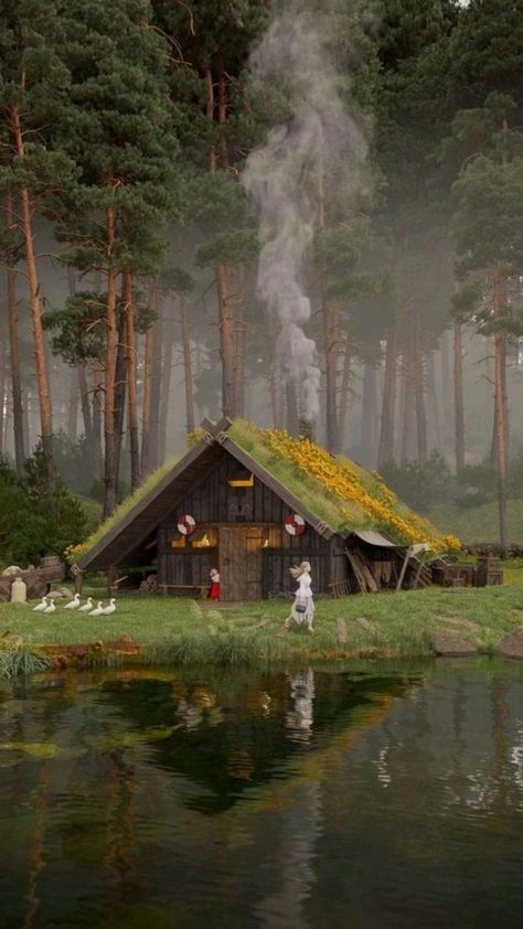 Hobbit Moodboard, Viking House, Nordic House, Illustration Fantasy, Fantasy House, A Cabin, Cabin In The Woods, Forest House, Oblivion