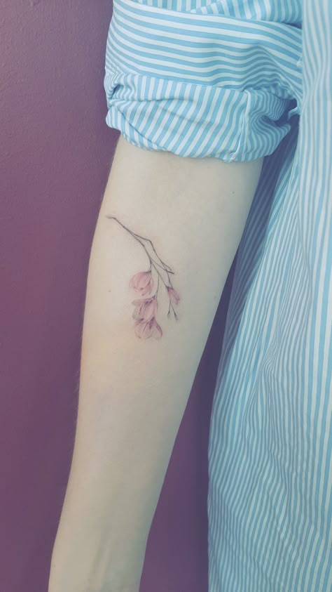 Magnolia Tattoo Watercolor, Dainty Magnolia Tattoo, Pink Magnolia Tattoo, Magnolia Branch Tattoo, Small Magnolia Tattoo, Magnolia Flower Tattoo, Pink Magnolia Flower, Violet Flower Tattoos, Magnolia Tattoo