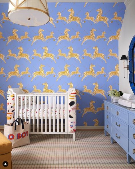 Upstairs Playroom, Transitional Nursery, Blue Nursery Boy, Contemporary Nursery, Zebra Wallpaper, Interior Design Instagram, Wallpaper Nursery, Nursery Room Design, Room Carpet