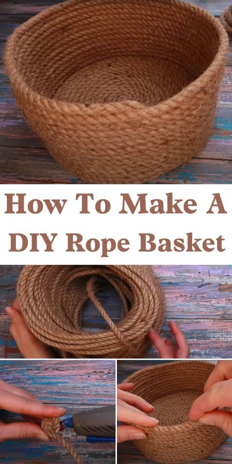 How To Make A DIY Rope Basket - The Newlywed Diy Basket With Rope, Lobster Rope Basket Diy, Diy Rope Laundry Basket, Diy Basket Decor Ideas, How To Make A Basket Out Of Cardboard, How To Make A Rope Basket, How To Make A Basket, Rope Bowls Diy How To Make, Rope Baskets Diy Tutorials