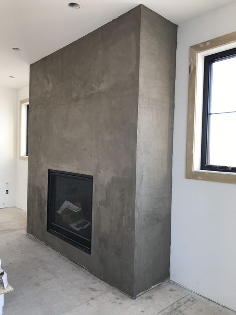 DIY Faux Concrete Fireplace - Joinery & Design Co Concrete Mantle Fireplace, Drywall Fireplace, Faux Concrete Fireplace, Fireplace Faux, Industrial Fireplace, Concrete Fireplace Surround, Faux Concrete Wall, Fireplace Feature, Stucco Fireplace