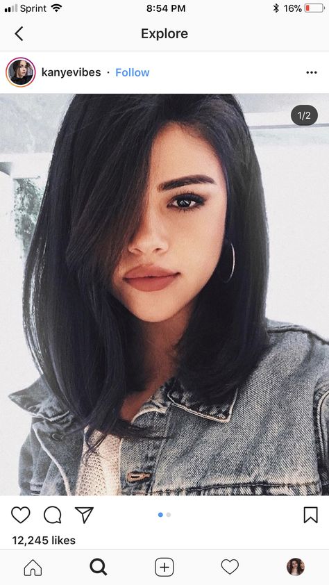 Side Part Collarbone Length Hair, Black Hair Bob Haircut, Bob Hairstyles Black Hair, Long Bob Haircuts, Short Hairstyles For Thick Hair, Trending Hairstyles, Brown Eyes, Bobs Haircuts, Dark Hair