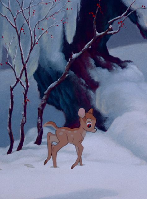 Bambi Bambi Winter Wallpaper, Winter In Disney, Disney In Winter, Bambi Wallpapers, Bambi Snow, Bambi Aesthetic, Bambi 1942, Disney Winter, Winter Cartoon