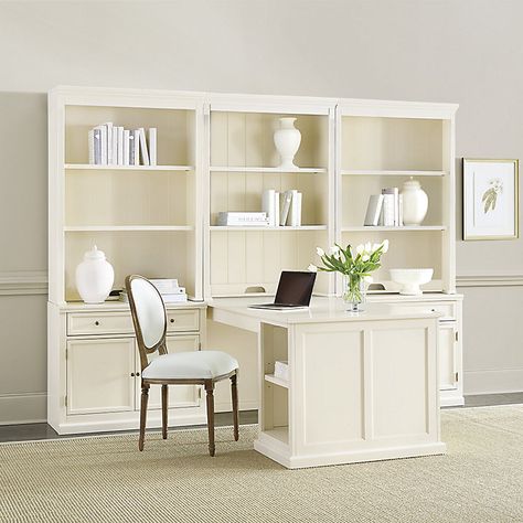 Our Tuscan home office furniture blends modern versatility with the classic looks of a custom built-in. Each piece in the collection works with every other, so you can design a workstation or storage solution to fit your space and needs perfectly. The modular desk return system includes leg, cabinet and work surface, so you can customize your office space. Add the optional Glass Topper to protect your desktop. Return Desk Cabinet has one shallow adjustable shelf with paneled interior on one side, and three drawers on the other. Desk return design allows you to face the cabinet in either direction to create a custom combination of open and closed storage. Desktop apron fits neatly over the cabinet for a nicely finished look. Hutch features one adjustable shelf and one fixed shelf with cable Office Designs, 2 Desk Home Office, Home Office Built Ins With Desk, Return Desk, Home Office Built Ins, Tuscan Home, Modular Desk, Desk Cabinet, Guest Room Office