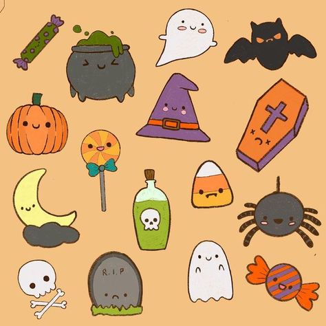 Cute Little Halloween Drawings, Halloween Stickers Cute, Kawaii Halloween Drawings, Halloween Kawaii Drawings, Cute Drawings Halloween, Halloween Dividers, Halloween Drawings Cute, Halloween Cute Drawings, Halloween Cute Aesthetic