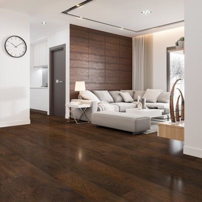 Harmony Collection is an engineered rigid core hardwood flooring product and the newest trend in wood floors. Its unique construction features a 1.2mm real wood veneer that is completely waterproof and coated with our signature Aluminer UV-cured aluminum oxide finish. Designed in wide-width, random length planks to create an unparalleled design in any atmosphere. Selkirk Color: Dark Brown | Selkirk Harmony 7" x 74.8" x 6.4mm Vinyl Plank 0.25 H x 7.0 W x 74.8 D in brown in Dark Brown | 7" W X 74. Dark Wood Vinyl Plank Flooring, Kitchen With Light Wood Cabinets And Dark Floors, Tiles That Look Like Wood Floors, Espresso Wood Floors Living Rooms, Dark Walnut Floors Living Room Decor, Dark Brown Wood Floors Living Room Decor, Brown Vinyl Flooring Living Room, Dark Brown Vinyl Flooring, Walnut Flooring Bedroom