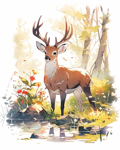 Beutiful Deer With Nature Environment Clipart White Stag Animal, Deer In Forest, Deer Sketch, Deer Cartoon, Deer Drawing, Forest Drawing, Nature Environment, Deer Illustration, Animal Illustration Art