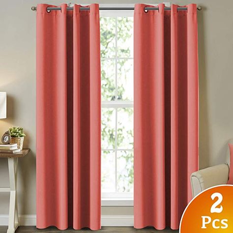 Amazon.com: Thermal Insulated Sliding Window Curtains, Blackout Curtains for Living Room Energy Efficient Window Curtains/Drapes Solid 2 Panels Each Panel 52" W x 108" L, Grommet, Solid Coral: Kitchen & Dining Coral Curtains, Girls Room Curtains, Coral Bedroom, Blackout Window Treatments, Teal Living Rooms, White Blackout Curtains, Blackout Curtains Bedroom, Grommet Panels, Pink Curtains