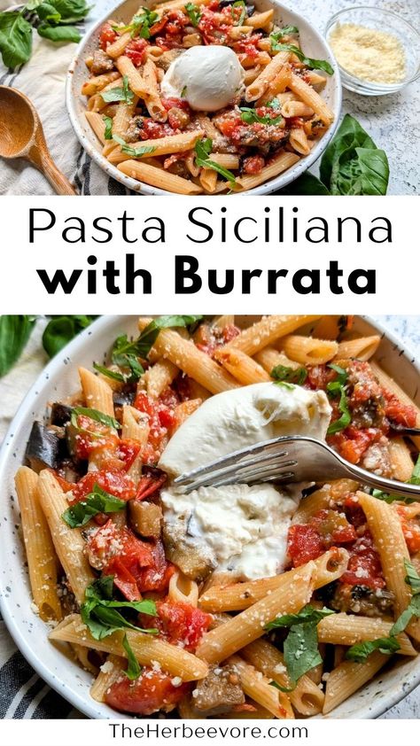 This pasta alla Siciliana with burrata is a fantastically rich, creamy, baked pasta loaded with tender eggplant, cheese, and a garlicky tomato sauce. A tasty vegetarian pasta dish straight from Sicily! Pasta Zucchini Tomato, Creamy Baked Pasta, Baked Ziti With Ricotta, Burrata Recipe, Pasta Calories, Vegetarian Pasta Dishes, Best Pasta Dishes, Zucchini Tomato, Baked Pasta