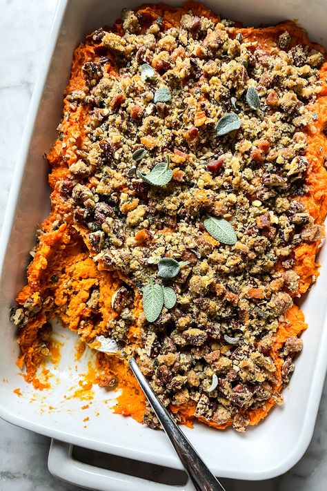 Sweet Potato Casserole with Savory Crumble | foodiecrush.com Savory Crumble, Savoury Crumble, Savory Sweet Potato, Sweet Potato Side Dish, Sweet Potato Recipes Baked, Thanksgiving Side Dishes Easy, Sweet Potato Recipes Casserole, Foodie Crush, Holiday Dinners