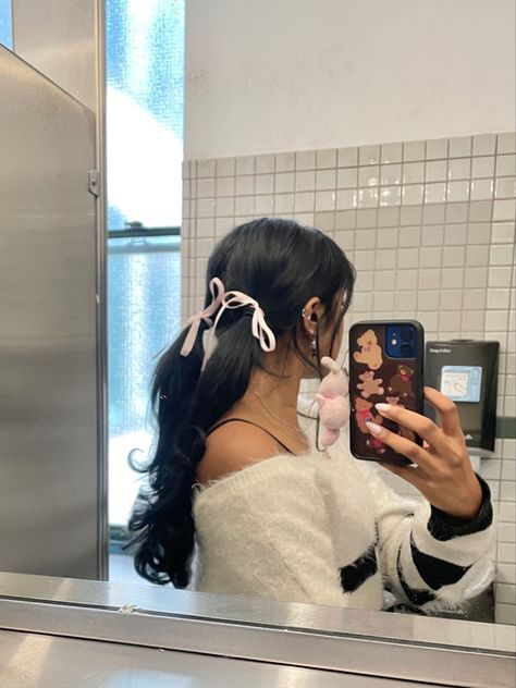 Sleek Pigtail Braids, Ribbon Pigtails Aesthetic, Pigtail Hairstyles With Ribbon, Pig Tails With Ribbon, Two Ponytails With Ribbon, Black Pigtails Aesthetic, Pigtail With Ribbon, Low Pigtails Aesthetic, Low Pig Tails Hairstyles