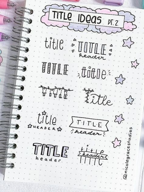 Bullet Journal Titles, Title Ideas, Bullet Journal Font, Bullet Journal Ideas Templates, Bullet Journal Banner, Journal Fonts, Bullet Journal Mood Tracker Ideas, Bullet Journal Notes, Bulletin Journal Ideas