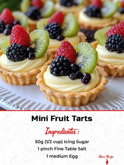 Family Cook Recipes | 🍓 Mini Fruit Tarts 🍓 | Facebook Fruit Tart Plating, Mini Berry Tarts, Chocolate Fruit Tart, Christmas Fruit Tart, Fruit Tarts Recipe Dessert, Fruit Tarts Mini, Mini Fruit Tart, Fruit Tart Recipe Mini, Mini Tart Recipes