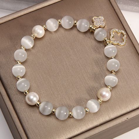 Cat's eye stone & Pearl Bracelet freeshipping - Deegnt Gelang Manik-manik, Pretty Jewelry Necklaces, Lovely Cat, Gelang Manik, Cats Eye Stone, Beads Bracelet Design, Bad Luck, Fancy Jewellery, Handmade Wire Jewelry