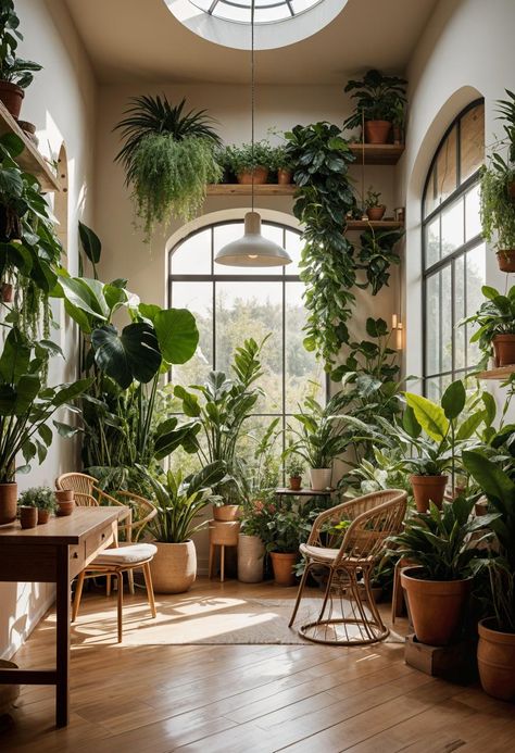 48 Super Cute Dream Room Inspirations For Ultimate Coziness! Plant Conservatory Ideas, Plants In Home Aesthetic, Plant Filled Home, Tea Room Ideas Home, Interior Plants Aesthetic, Plant Solarium, Garden Room Aesthetic, Green Room Plants, Plant Atrium