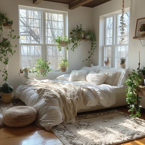 White Cozy Room Aesthetic, White Room Plant Aesthetic, Soft Natural Bedroom, Bedroom Inspo White Furniture, White Plant Room, Bed Aesthetic White, Minimalist Plant Bedroom, How To Make Your Room More Cozy, Natural Light Apartment