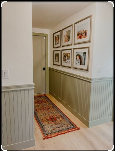 Modern Country Paint Colors, Painting Wainscoting Ideas Living Room, Light Wood Wall Paneling, Paneling Ideas For Walls, Bead Board Paneling Walls, Sage Beadboard, Green Wainscoting Living Room, Half Wall Headboard, Green Bead Board Walls