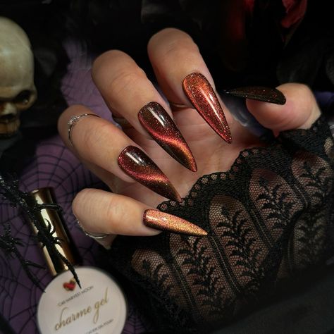 Swipe to watch the NEW Enchanted Chameleon Cat Eye Charme Gels color shift 😻✨ Are you loving the new gels? Vote in the comments 👇 Comment “ENCHANTED” for the direct link to shop! 🔗 Save & share for spooky Halloween & fall nail inspo! 🍁🎃 Follow @daily_charme for more nail trends! 💅 #cateyenails #spookynails #velvetnails #colorshiftingnails #nailarttrends #diynails #nailpoll #nailtech #nailartsupplies #nailart #gelnails #nails #fallnails #halloweennails #halloween2024 #beetlejuicenails #hallo... Cat Eye Polish Halloween Nails, Cat Eye Nails For Fall, Pointy Fall Nails, Bronze Cat Eye Nails, Autumn Nails Cat Eye, Burnt Orange Cat Eye Nails, Dark Pink Cat Eye Nails, Black And Orange Cat Eye Nails, Cateye Halloween Nail Designs