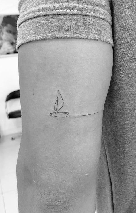 Fineline Sailboat Tattoo, Small Sailing Boat Tattoo, Boat Line Tattoo, Small Sail Boat Tattoo Simple, Sail Tattoo Small, Boat On Water Tattoo, Sailing Boat Tattoo Simple, Cowboy Line Tattoo, Minimalist Boat Tattoo