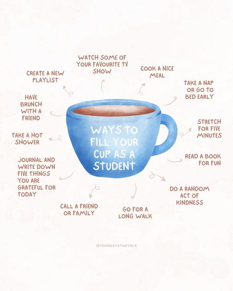 ☕ ways to fill your cup as a student ☕ • QOTD: what is something you do to take a break? • 💾 𝙎𝙖𝙫𝙚 𝙖𝙣𝙙 𝙨𝙝𝙖𝙧𝙚 𝙩𝙝𝙞𝙨 𝙥𝙤𝙨𝙩 𝙛𝙤𝙧 𝙧𝙚𝙛𝙚𝙧𝙚𝙣𝙘𝙚 𝙖𝙣𝙙 𝙩𝙤 𝙝𝙚𝙡𝙥 𝙚𝙣𝙜𝙖𝙜𝙚𝙢𝙚𝙣𝙩! (𝙖𝙣𝙙 𝙛𝙤𝙡𝙡𝙤𝙬 @myhoneststudyblr 𝙛𝙤𝙧 𝙢𝙤𝙧𝙚!) • ⬅️ 𝙨𝙬𝙞𝙥𝙚 𝙩𝙤 𝙨𝙚𝙚 𝙢𝙮 𝙩𝙞𝙥𝙨 • Being a student is a lot. It’s often stressful, busy and tiring and this can leave you feeling burnt out and lacking energy. So in this post, I wanted to share some simple strategies that you can use when you feel like this in order to ‘fill your cup’. What does it mean ... What To Do When You Feel Burnt Out, What To Do When Burnt Out, Burnt Out, Academic Coaching, Looking After Yourself, Fill Your Cup, College Vision Board, Feeling Burnt Out, Study Techniques