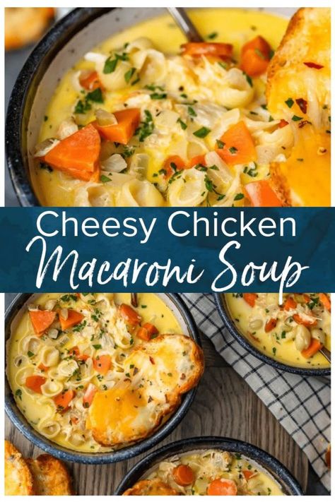 Macaroni Soup - Chicken Mac and Cheese Soup - (VIDEO!) Essen, Mac And Cheese Soup, Chicken Macaroni Soup, Mac N Cheese Soup, Chicken Soup Recipes Easy, Chicken Mac And Cheese, Chicken Macaroni, Macaroni Soup, Macaroni Pasta