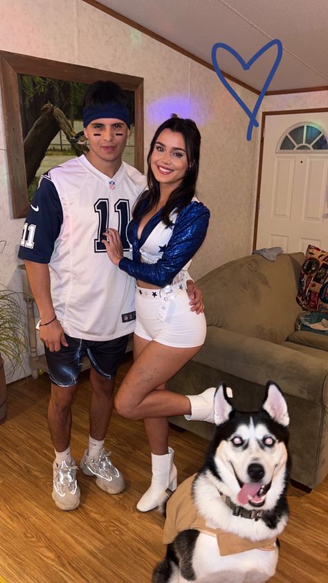 Couple’s Halloween costume. Cowboys cheer leader Halloween costume Couple Halloween Costumes Dallas Cowboys, Dallas Cowboys Couples Costume, Dallas Cowboy Couple Costume, Dallas Cowboy Cheerleader Couple Costume, Sadie’s Couple Costumes, Football And Cheerleader Couples Costume, Football Couple Halloween Costumes, Cheerleader Couple Costume, Dallas Cowboys Cheerleaders Costume Couple