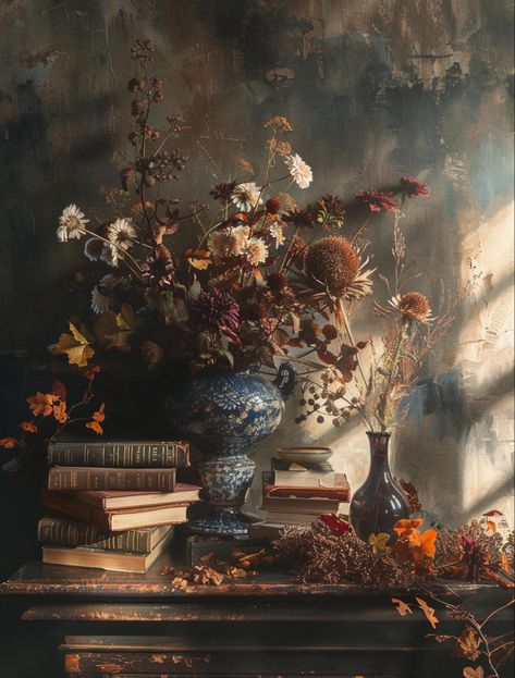 Envision an atmospheric studio, brimming with books, flowers, and vases, all bathed in the golden hour’s glow, painted in the style of Caravaggio. Moody, dark, autumnal colors weave through this space, reminiscent of romantic ruins. This scene captures the essence of tranquility and timeless beauty, inviting viewers into a world where art and nature harmoniously coexist. #CaravaggioInspired #RomanticRuins #GoldenHourBeauty Dark Autumn Painting, Moody Whimsical Aesthetic, Dark Romantic Painting, Moody Floral Art, Moody Autumn Decor, Spring Dark Aesthetic, Moody Autumn Aesthetic, Moody And Timeless Aesthetic, Moody Painting Ideas