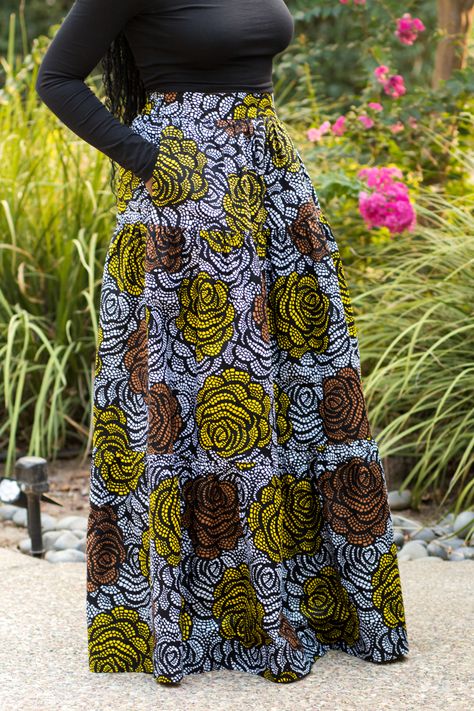 DIY Three Tiered Skirt with Pockets New Look 6516 Ankara African Print Flowers Ankara Flay Skirt And Top, Ankara Tiered Dress Styles, Tiered Ankara Dress, Chitenge Skirts Ankara, Long Ankara Skirts Designs, Ankara Flare Skirt High Waist, Fitted Tiered Skirt, Ankara Long Skirt Styles, African Attire Skirts