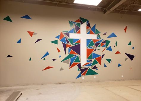 Youth Group Mural Wall Art, Christian Wall Mural, Sunday School Mural, Christian Murals Wall Art, Church Youth Room Ideas Decor, Church Murals Wall Paintings, Church Kids Room Decor, Background Design Tattoo, Youth Group Room Design