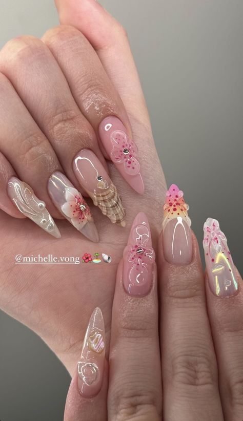 Sculpted Flower Nails, Baddie Nails Summer, Puerto Rico Nails, Summery Nails, Girly Acrylic Nails, Pretty Gel Nails, Fire Nails, Funky Nails, Pretty Acrylic Nails