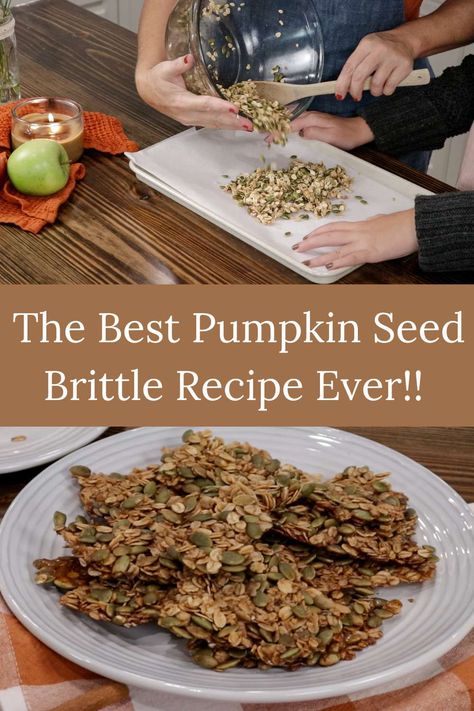 Love pumpkin seeds? You'll love them even more in brittle form! Try this recipe for a delicious and addictive snack. Pumpkin Seed Snack Recipes, Walnut Pumpkin Seed Brittle, Pumpkin Brittle Recipe, Seed Brittle Recipe, Pumpkin Seed Brittle Recipe, Pumpkin Brittle, Easy Pumpkin Seeds, Pumpkin Seed Brittle, Thanksgiving Healthy