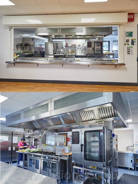 Cafeteria Kitchen, Commercial Grade Kitchen, Commercial Kitchen Design For Home, Small Commercial Kitchen Layout, Large Commercial Kitchen, Cooking School Interior, Professional Kitchen Restaurant, Commercial Kitchen Layout, Restaurant Kitchen Dimension