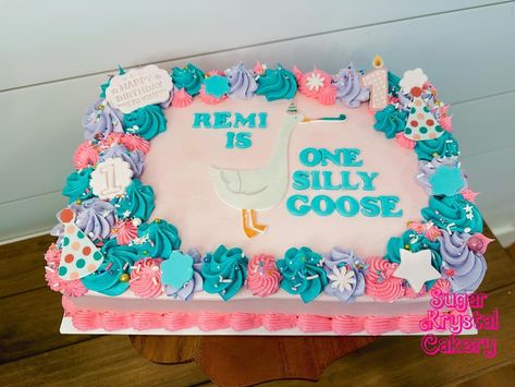 Remi is ONE silly Goose! 🪿 Goose Cake Ideas, One Silly Goose Birthday Cake, One Silly Goose Birthday Party Girl, Goose Cake, Goose Birthday Party, Goose Birthday, Bday Themes, Sheet Cake Designs, Boys 1st Birthday Party Ideas