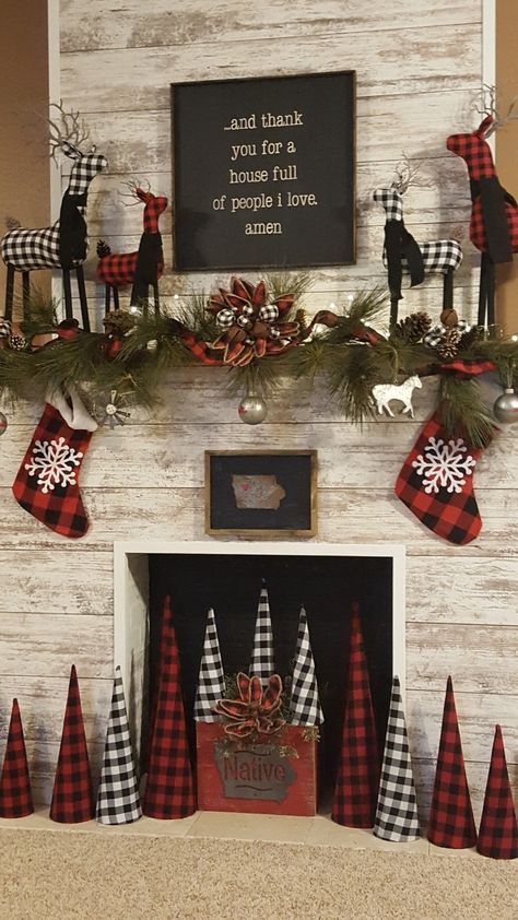 Buffalo Check Decor Christmas, Red And Black Buffalo Plaid Christmas Fireplace Decor, Christmas Checkered Decor, Buffalo Theme Christmas Tree, Christmas Decor Buffalo Plaid, Buffalo Plaid Mantle Decor, Red And Black Buffalo Christmas Tree, Christmas Tree Auction Ideas, Red Black Buffalo Plaid Christmas Decor