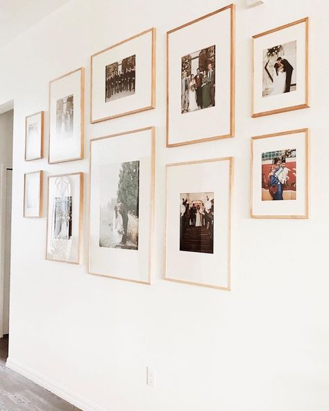 Wedding Photos On The Wall, Hallway Frame Layout, Wedding Photo Art Gallery, Large Gallery Wall Hallway, Office Wall Gallery Ideas, Gallery Wall Multiple Sizes, Small Hallway Photo Gallery, Family Photos In Hallway, Long Hallway Gallery Wall Family Photos