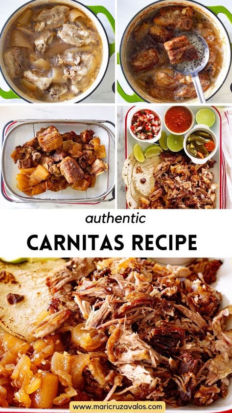 collage of authentic carnitas preparation with text overlay Authentic Mexican Carnitas Recipe, Traditional Carnitas Recipe, Authentic Carnitas, Authentic Carnitas Recipe, Lard Recipe, Beef Carnitas, Pork Carnitas Tacos, Pork Carnitas Recipe, South American Recipes