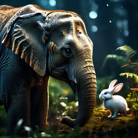 An elephant meets a rabbit in the forest by Donna - Playground Halloween Canvas Art, Small Rabbit, An Elephant, The Rabbit, Create Art, Image Generator, In The Forest, Social Media Posts, The Forest