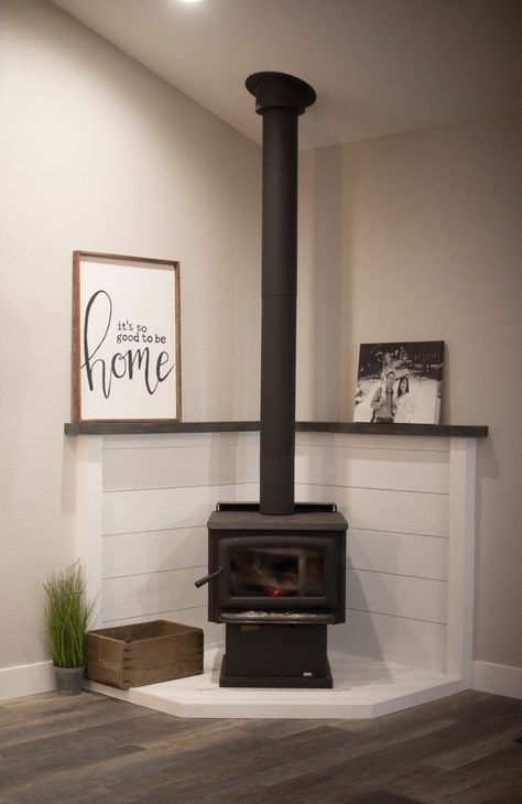 Where To Put A Wood Burning Stove, Wood Stove Fireplace Makeover, Basement Wood Stove Ideas, Wood Stove Remodel, Wood Stove Wall Corner, Wood Stove Bedroom, Corner Freestanding Fireplace Ideas, Basement With Wood Stove, Wood Stove Design Ideas