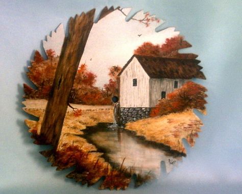 Metal Art, 10 in Saw, Fall Pond Scene, Hand Painted, Saw Blade, Vintage Saw, Vintage Collectible, Gift Idea by annimae182 on Etsy Handpainted Saws, Sawblade Art, Painted Saws, Blade Cut, Metal Painting, Black Spray Paint, Country Paintings, Round Art, Country Scenes