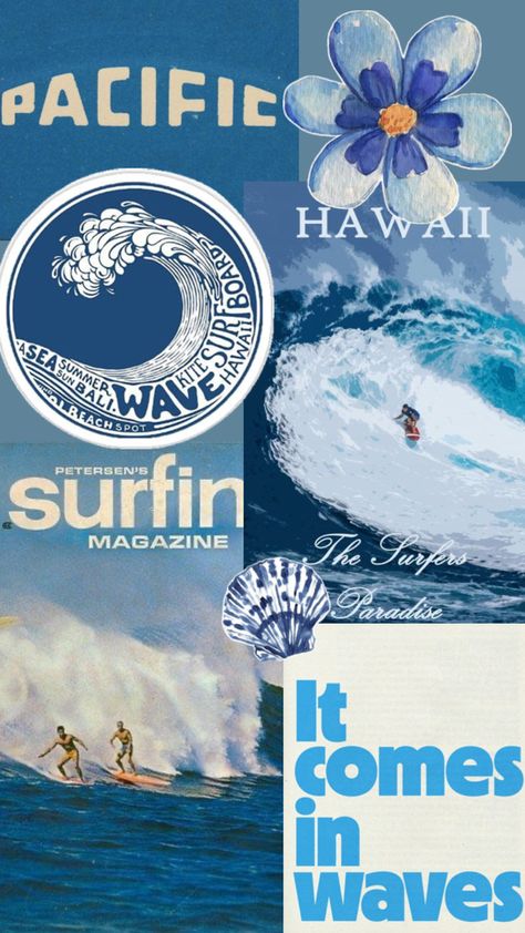 Blue aesthetic surfer Hawaii iPhone wallpaper collage flower beach ocean Hawaii Iphone Wallpaper, Iphone Collage Wallpaper, Surfer Wallpaper, Iphone Wallpaper Collage, Iphone Collage, Beachy Wallpapers, Surfing Aesthetic, Surf Stickers, Beachy Aesthetic