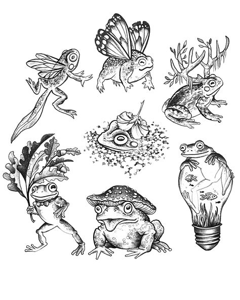 Frog Flash 🐸🐸🐸 Ready and a waiting 💚 #frogflash #frogtattoo #frogtattoos #frogart #frogfashion #frogstagram #frogcore #frogs #flashsheet #flashtattoos #frogillustration #illustrationtattoo Frog Tattoo Neo Traditional, Japanese Frog Drawing, Frog On Toadstool Tattoo, Cute Animal Tattoo Ideas, Peace Frog Tattoo, Witchy Frog Tattoo, Dainty Frog Tattoo, Frog With Hat Tattoo, Frog With Fairy Wings