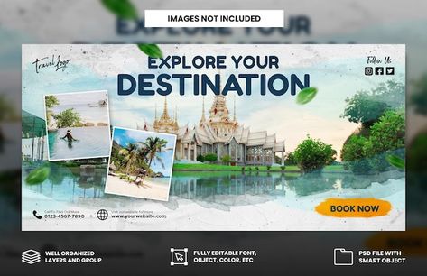 PSD travel agency holiday vacation faceb... | Premium Psd #Freepik #psd Travel Agency Banner Design, Tourism Design Ideas, Travel Post Design, Travel Agency Poster, Travel Facebook Cover, Poster Design Kids, Travel Banner, Tourism Design, Youtube Banner Design