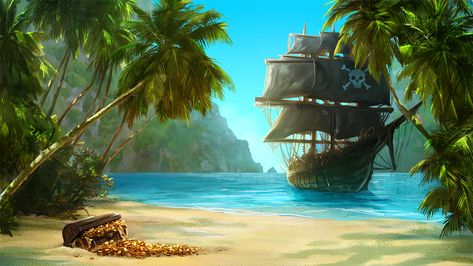 Pixel Art, Pirate Games, Fantasy Background, Game Environment, Game Background, Pirate Ship, Fantasy Landscape, Sailing Ships, Mural