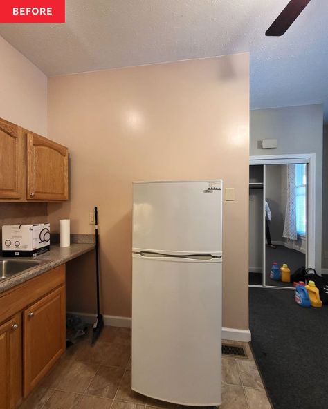 Refrigerator in kitchen before renovation. Move Fridge In Kitchen, Hiding Fridge In Kitchen, Kitchen With Free Standing Fridge, Awkward Fridge Placement, Fridge Without Cabinets Around It, Stand Alone Refrigerator Ideas, Free Standing Refrigerator In Kitchen, Freestanding Fridge In Kitchen, Stand Alone Fridge In Kitchen