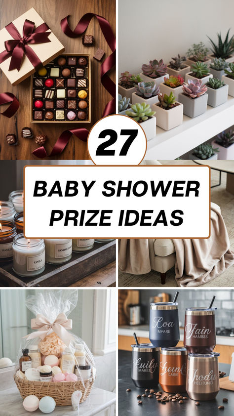 Discover 27 creative baby shower prize ideas that will delight your guests! From sweet treats to unique keepsakes, these prizes are perfect for making your shower memorable. Find inspiration to reward your friends and family with gifts they'll truly appreciate. Perfect for any baby shower theme! Party Gifts For Baby Shower, Baby Shower Gifts For Games Prize Ideas, Baby Shower Stations Ideas, Gift Baskets For Baby Shower Prizes, Gift Prizes Ideas, Baby Shower Games Prizes Ideas, Shower Game Gifts For Guests, Baby Shower Games Gift Ideas, Baby Shower Party Gifts For Guests