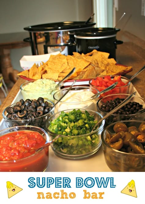 Super Bowl Nacho Bar Chips Salsa, Nacho Bar, The Magical Slow Cooker, Bowl Party Food, Football Snacks, Football Party Food, Appetizers Recipes, Superbowl Snacks, Superbowl Party Food