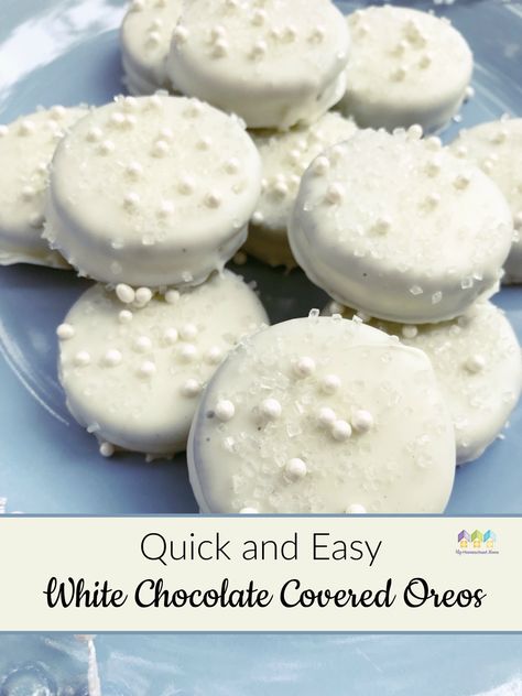 White Covered Oreos, White And Silver Chocolate Covered Oreos, Easy Party Sweets, Oreo Cookies Dipped In White Chocolate, White Party Foods Snacks, White Chocolate Covered Oreos Christmas, White Chocolate Covered Marshmallows, White Christmas Dessert Table, Oreo Dipped In White Chocolate